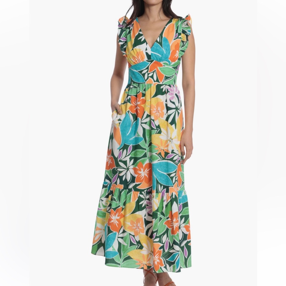 {Maggy London} V Neck Sleeveless Floral Print Dress